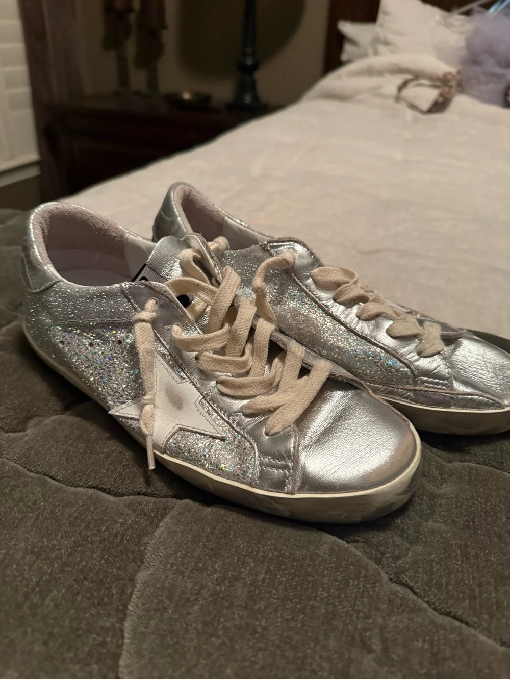 Golden Goose Silver Glitter Low-Top Sneakers with Cream Laces
